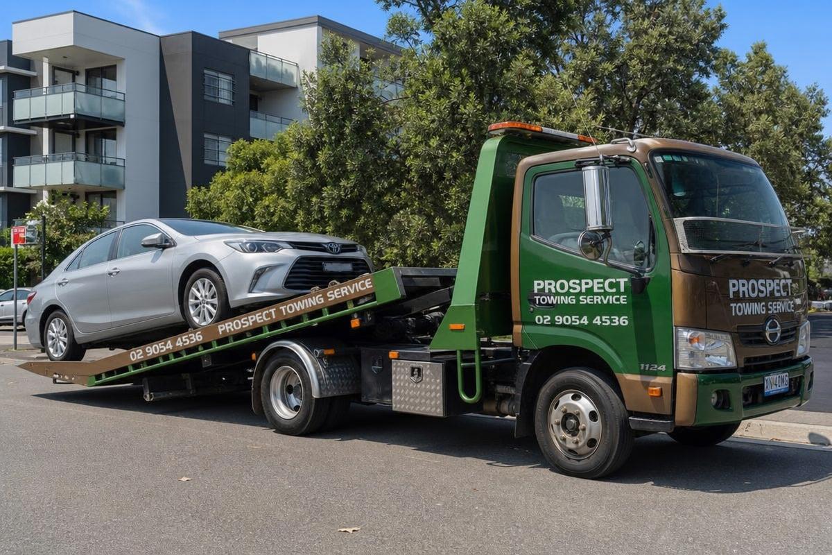 Car being loaded onto a Prospect Tow Service flatbed tow truck