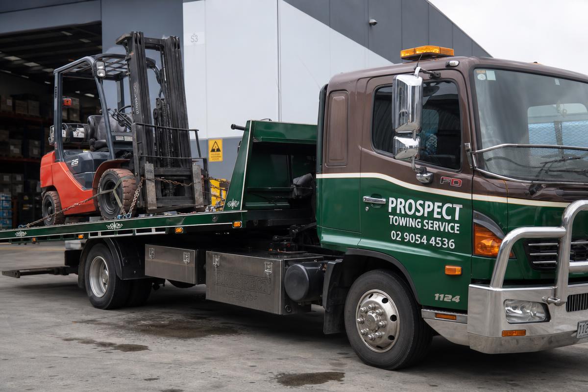 Forklift loaded on a Prospect Tow Service heavy flatbed tow truck